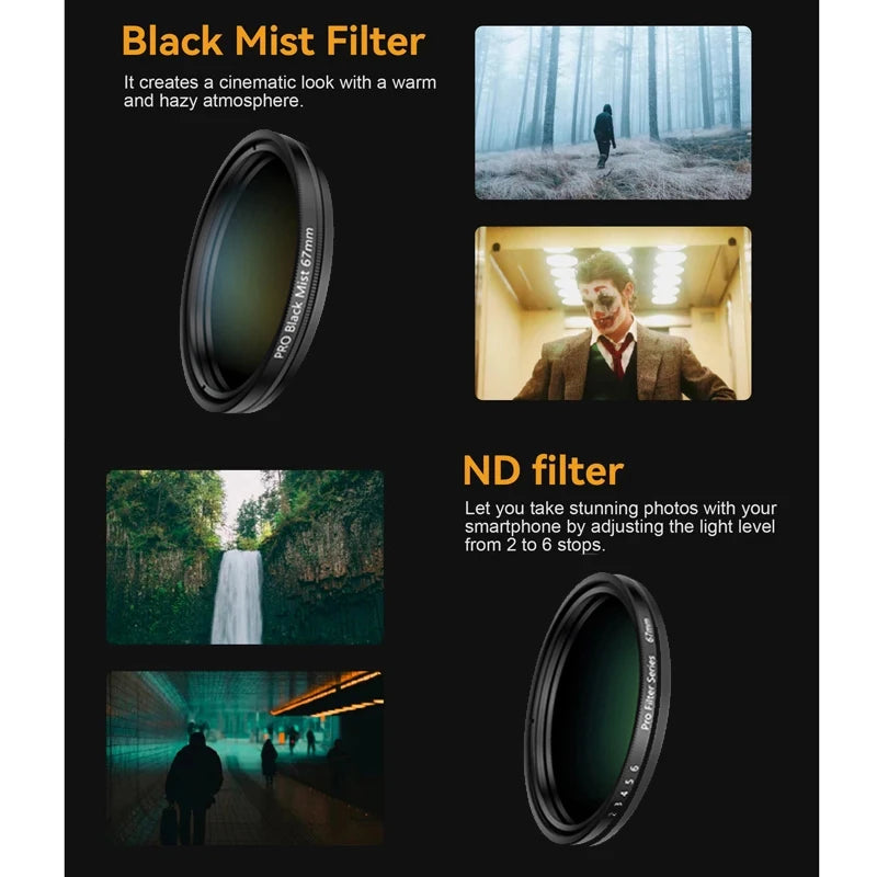 Kit de Filtros 67mm para Lente de Teléfono - CPL, VND, Star, Black Mist
