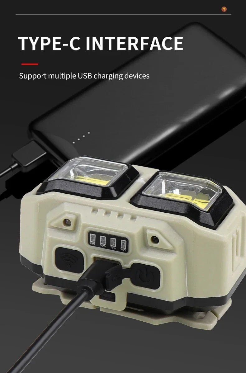 Linterna Frontal LED COB con Inducción y Recarga USB, para Camping