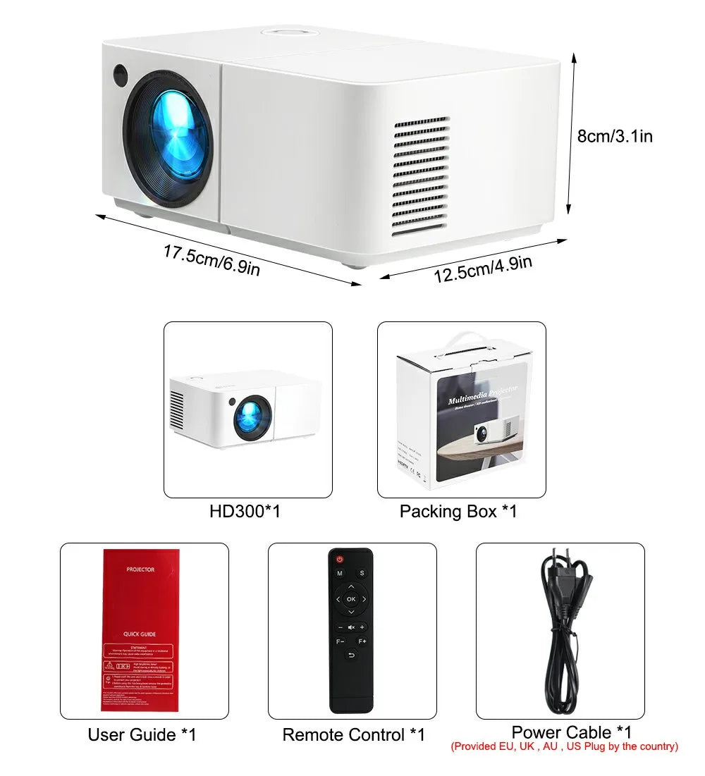 Proyector LED Full HD 1080P 4K HD300 WIFI 450 ANSI Mini Portátil para Cine en Casa, Dormitorio, Multimedia, Proyector Inteligente