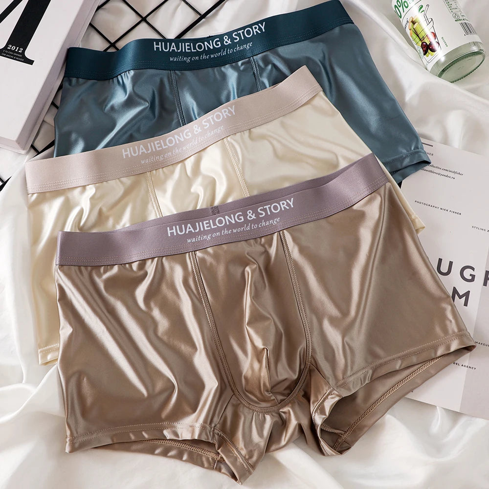 3 unids/pack de Boxers de lujo de seda de hielo tipo satén, calzoncillos de verano lisos y lisos para hombre, bragas con entrepierna de malla transpirable, ropa interior
