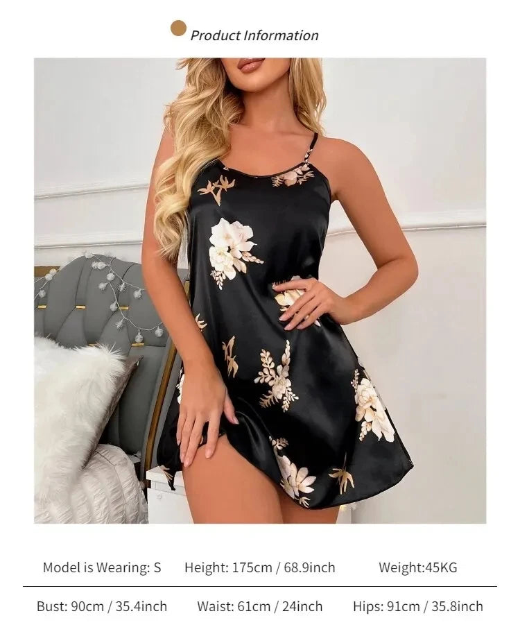 Camisón Sexy con estampado Floral para mujer, ropa de dormir de seda, color negro, para el hogar
