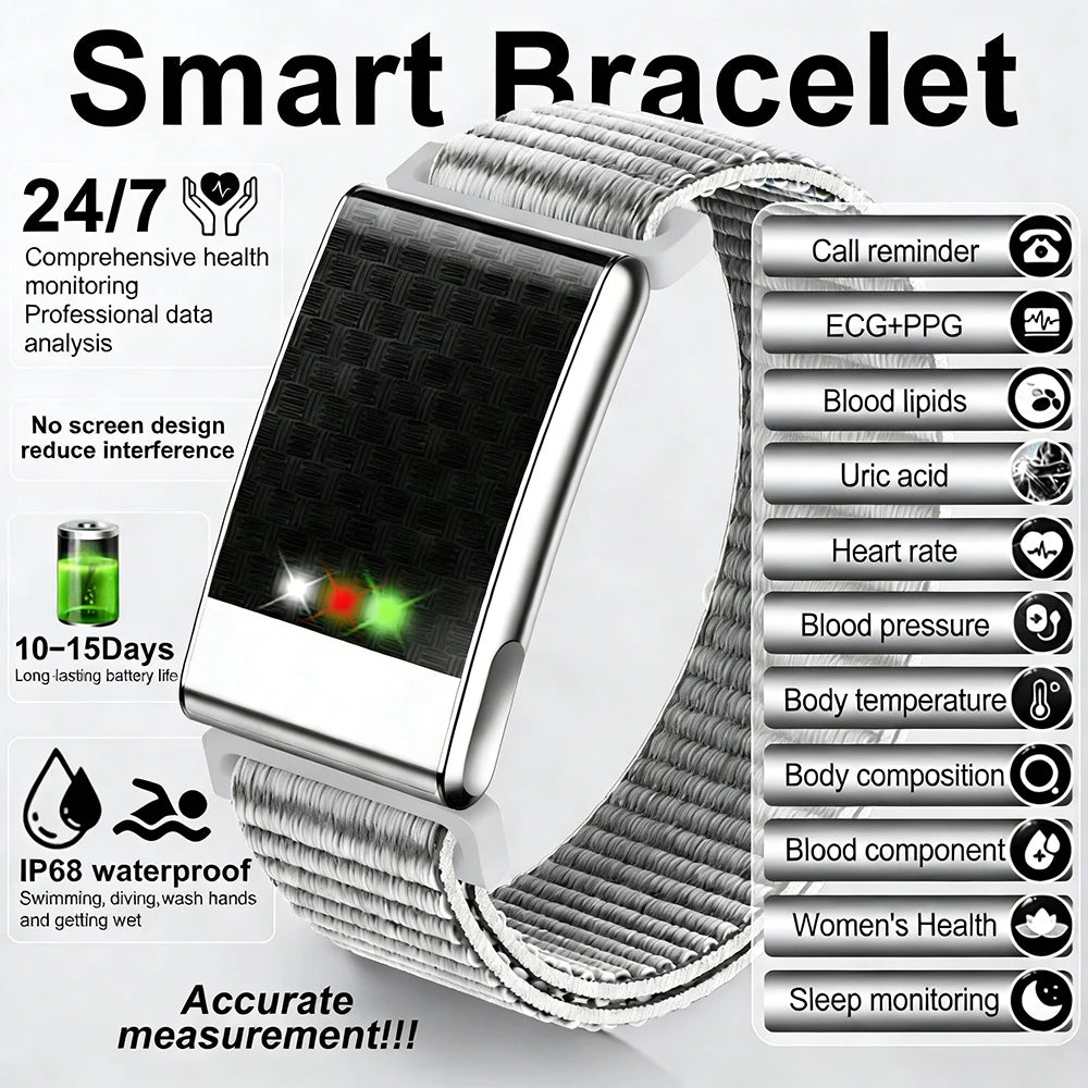 Pulsera inteligente ECG con monitor de salud, frecuencia cardíaca y ácido úrico, IP68