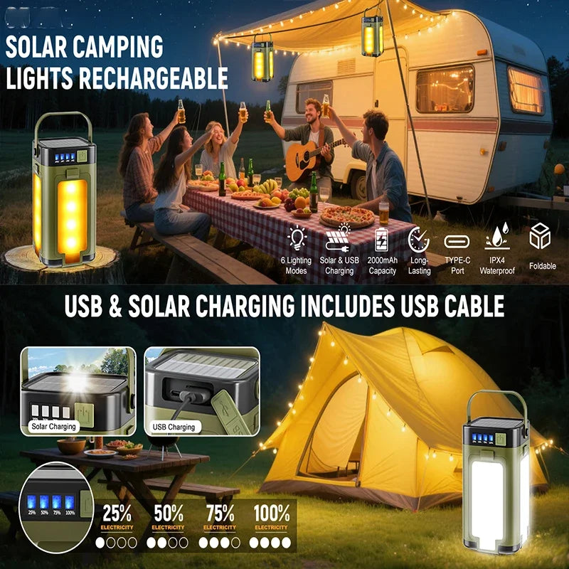 Lámpara Solar de Camping Recargable, Luces LED Portátiles, con Carga USB, Resistente al Agua IPX4, Batería de 12 Horas