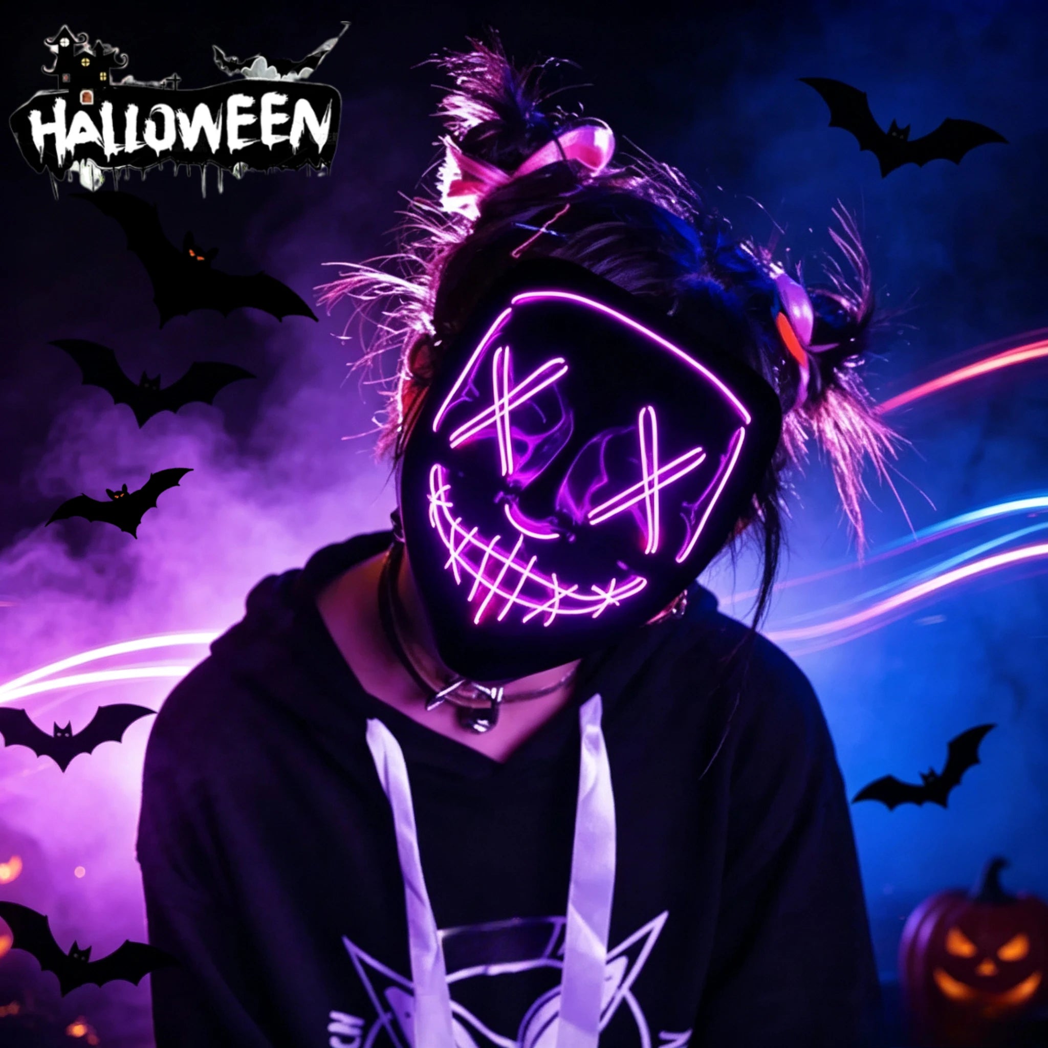 Máscara LED de neón iluminada inalámbrica para Halloween, máscara de terror, accesorio para disfraces de carnaval, cosplay y fiestas.