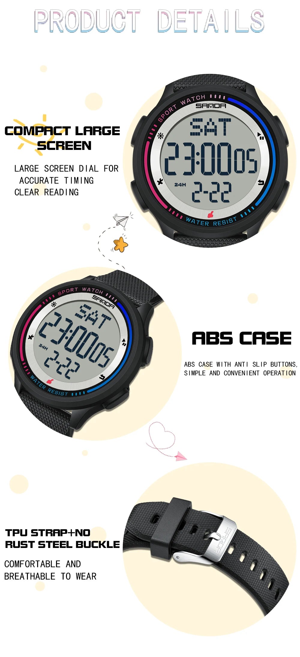 Reloj Digital SANDA 6158 para Niños y Adolescentes, Deportivo Impermeable