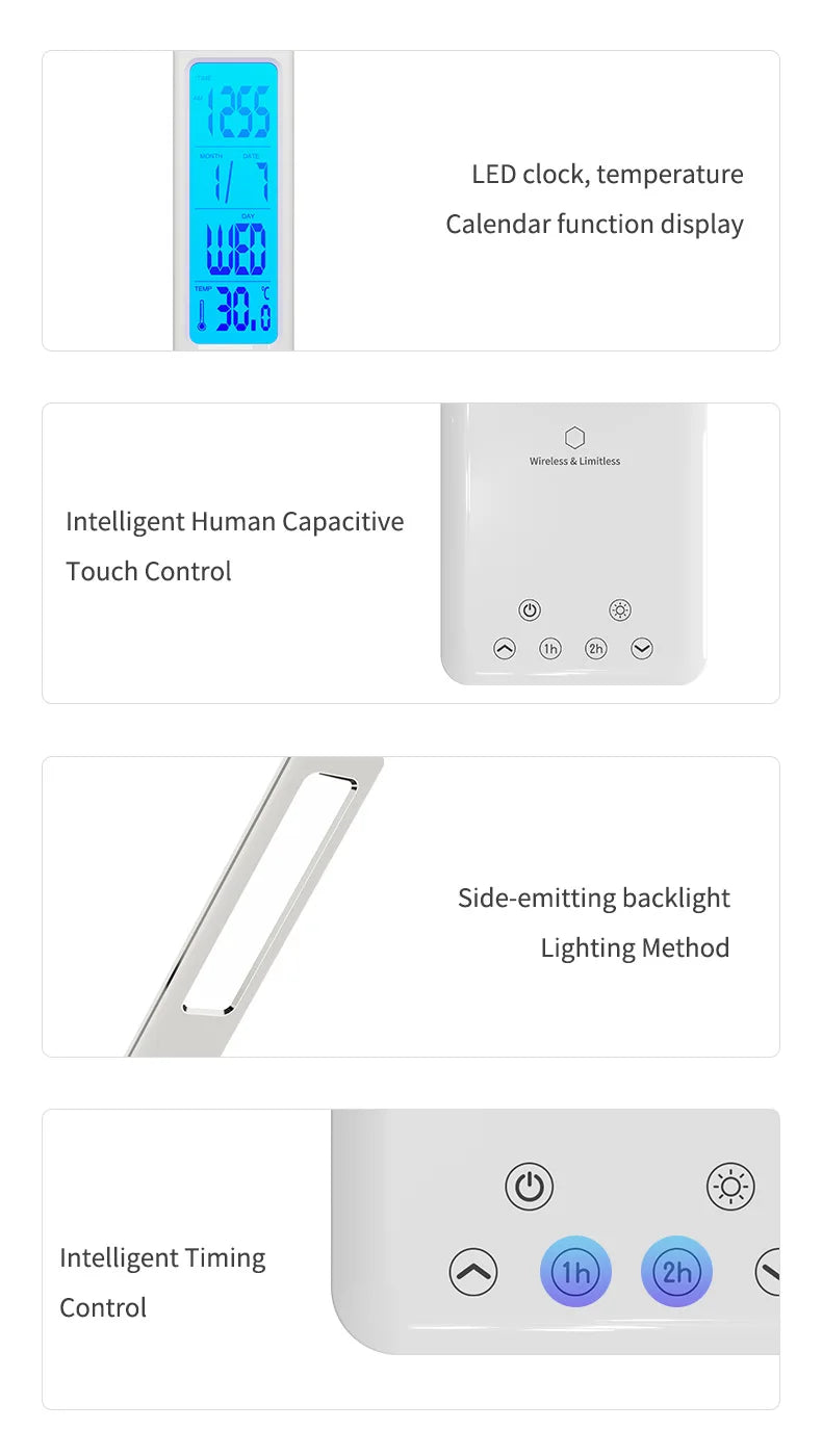 Lámpara de escritorio de lectura plegable, luz de escritorio enchufable USB, 15W, carga inalámbrica para teléfono móvil con tiempo, dormitorio, oficina, protección ocular