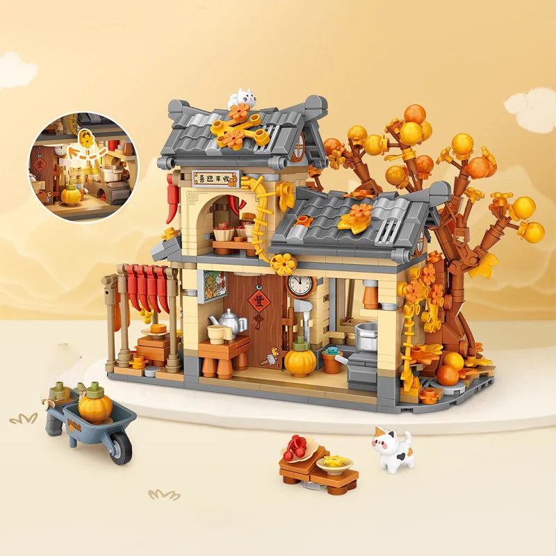LOZ-1379 Bloques de construcción de casa de sol y otoño, conjunto de modelo educativo de casa de madera, juguetes de bloques de construcción para niños, regalos de cumpleaños