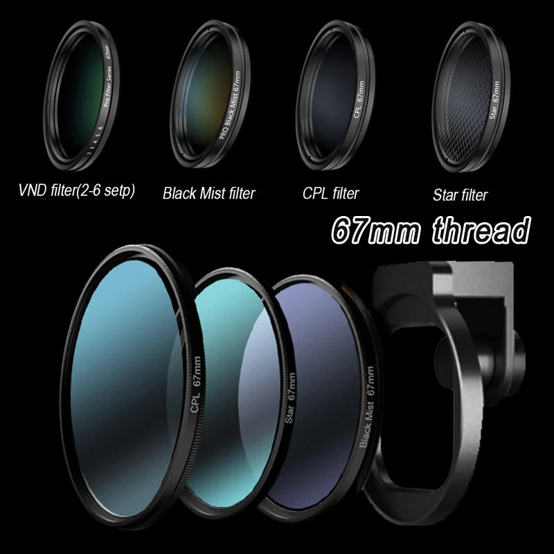 Kit de Filtros 67mm para Lente de Teléfono - CPL, VND, Star, Black Mist