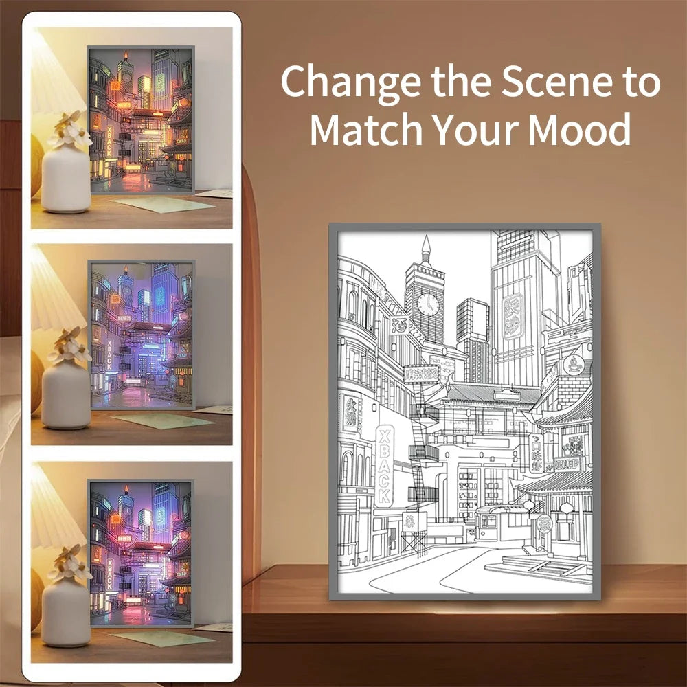 Pintura de luz LED con vista nocturna de ciudad hermosa, imagen HD, bisel estrecho, enchufe USB, atenuación, decoraciones románticas para el hogar, lámpara de noche