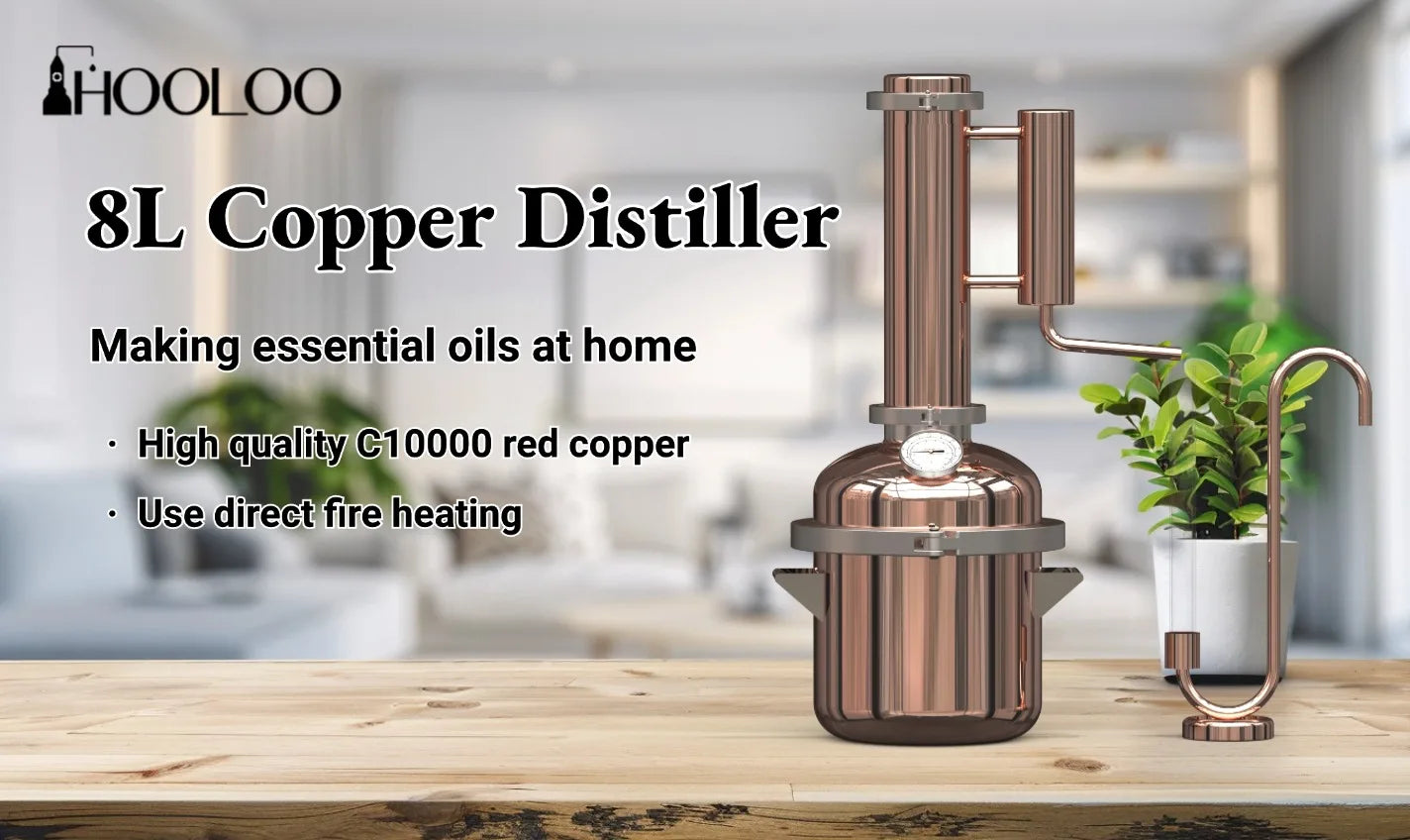 HOOLOO-destilador de cobre de 8L, aceite esencial, hidrosol, destilador Still Home, equipo de cabeza de fuego directo, bricolaje de hierbas, plantas y flores
