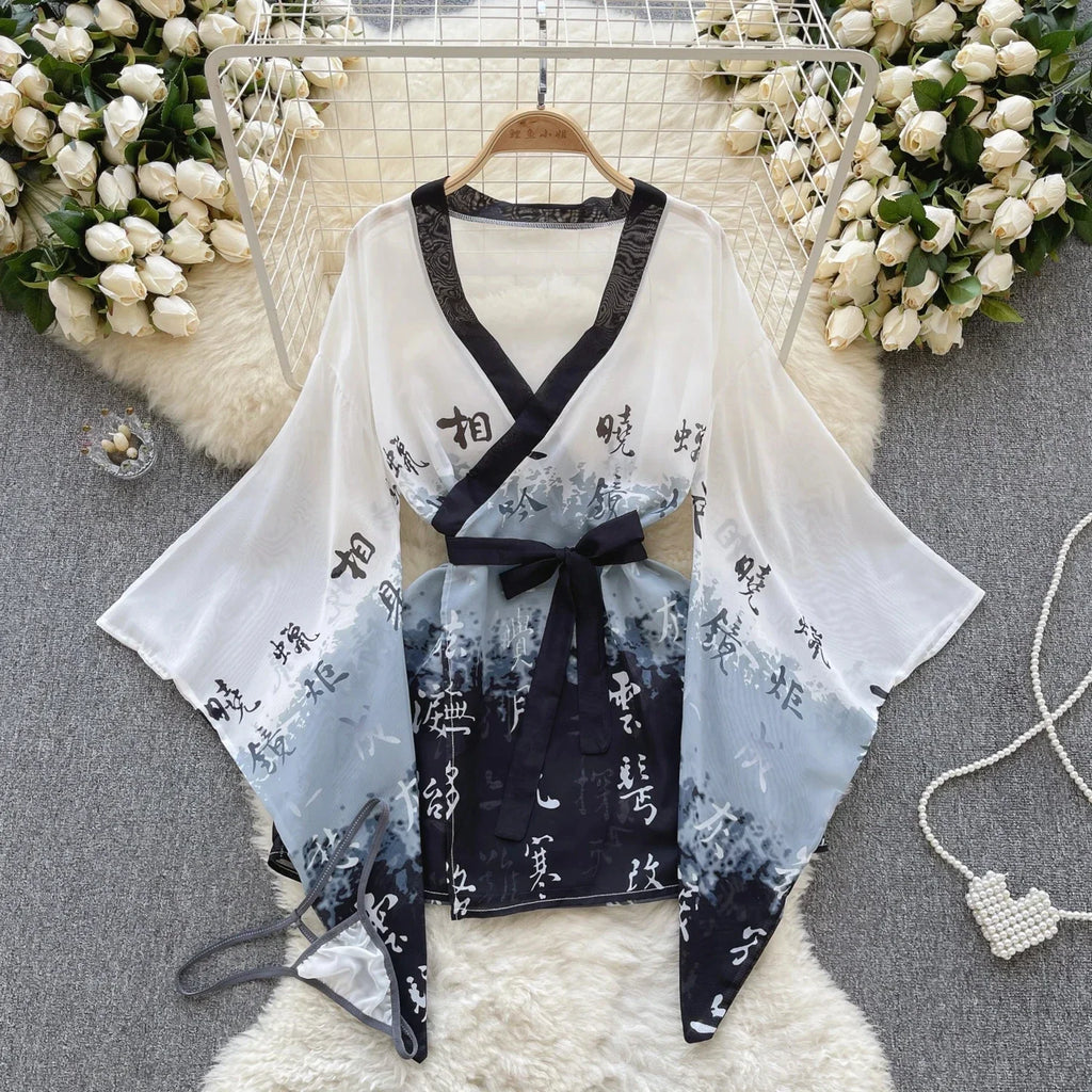 Albornoz de una pieza con estampado de Kimono japonés para mujer, ropa de dormir Sexy, Pijamas informales de manga holgada, conjuntos de bata