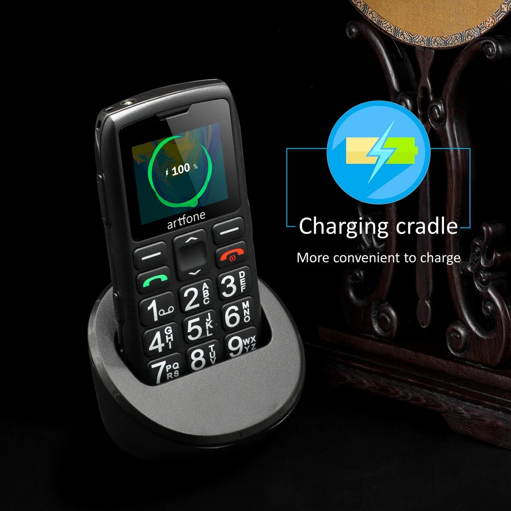 Teléfono móvil para personas mayores Artfone C1+ con base de carga gratuita, teclado grande de goma, para personas mayores, doble SIM, botón SOS, FM, 1400 mAh