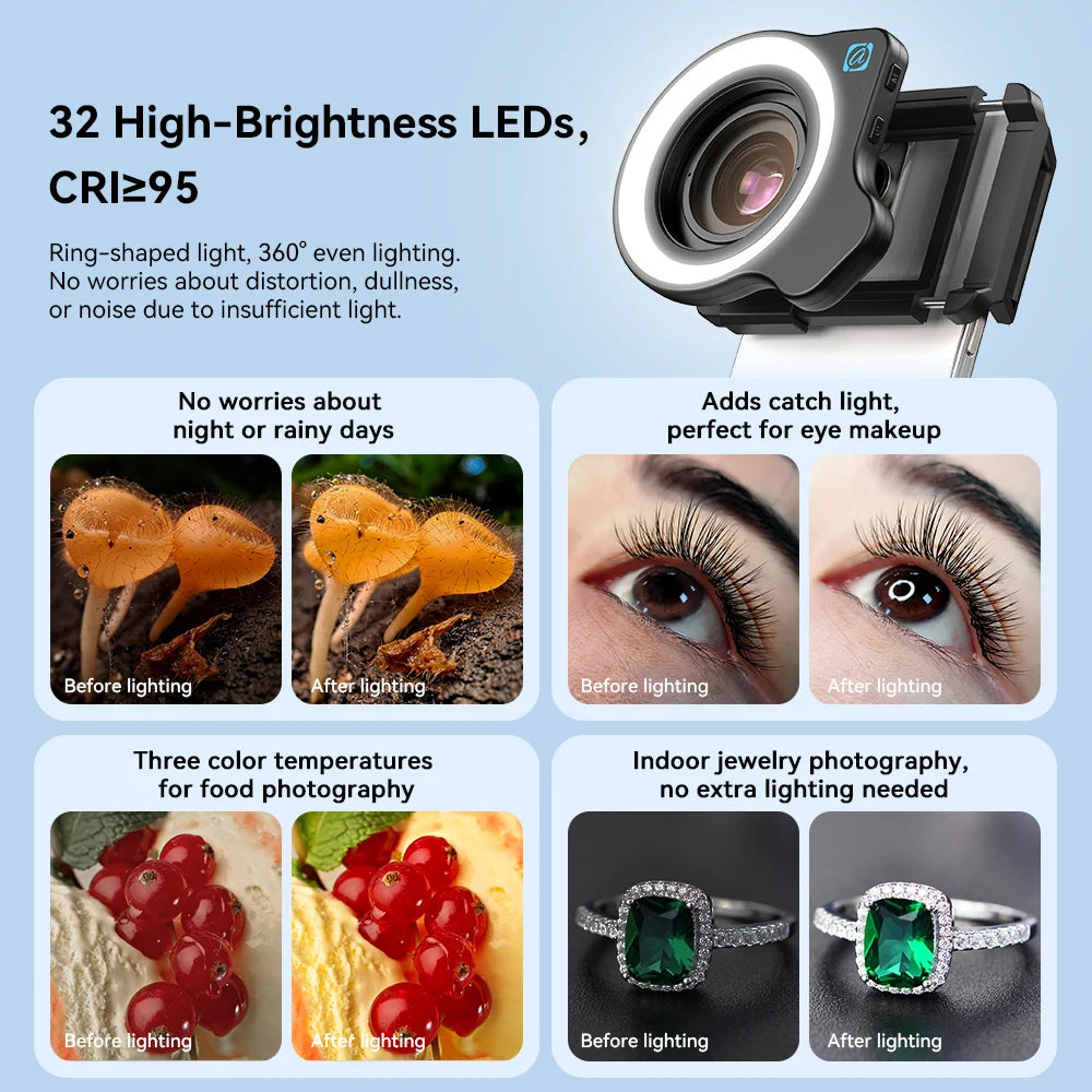 Lente Macro HD 10-20X Zoom con Luz LED para Teléfono APEXEL