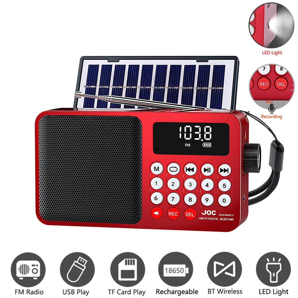 Radio FM Solar, Altavoz Bluetooth portátil con luz LED, compatible con grabación de tarjetas TF, reproducción USB, altavoz inalámbrico, Radio, receptor FM