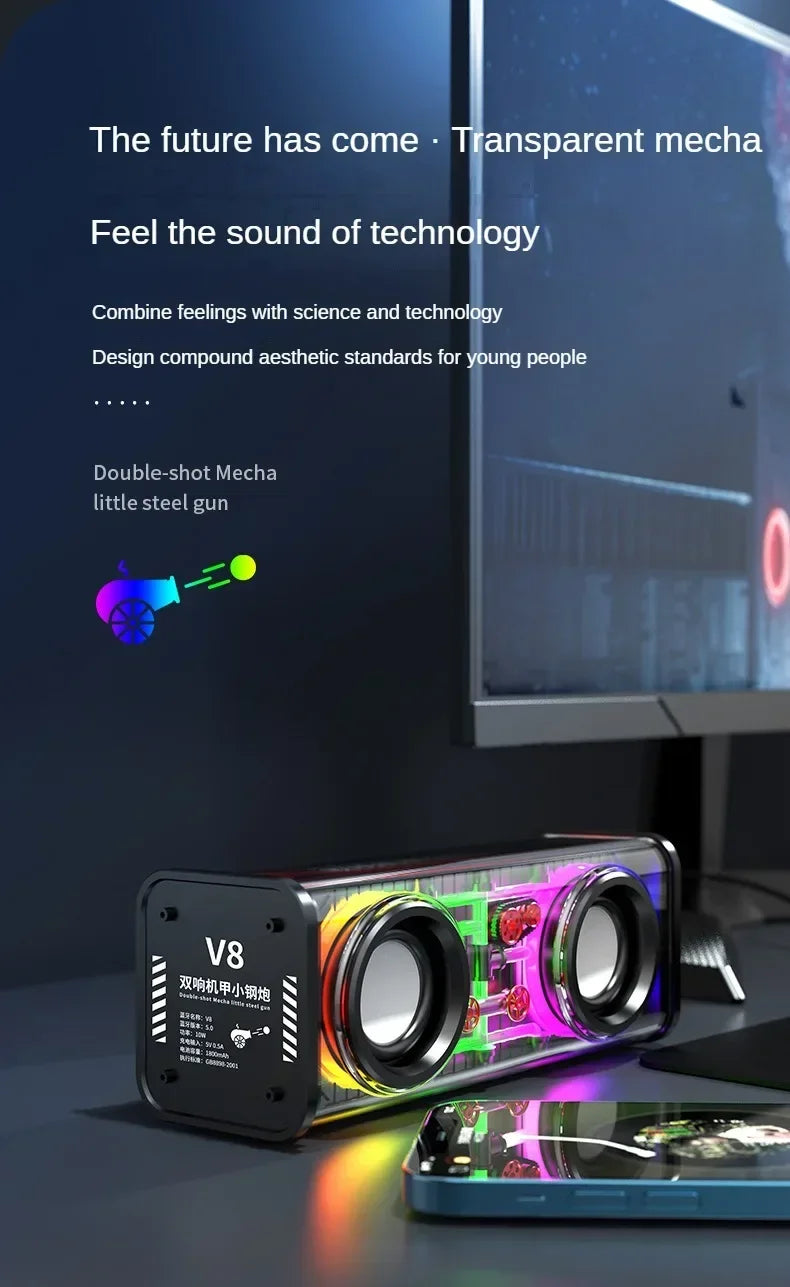 Altavoces Mecha transparentes V8, Bluetooth 5,0, inalámbricos, diafragma de contrabajo, Subwoofer, música, TWS, luz RGB, Mini altavoz de fiesta