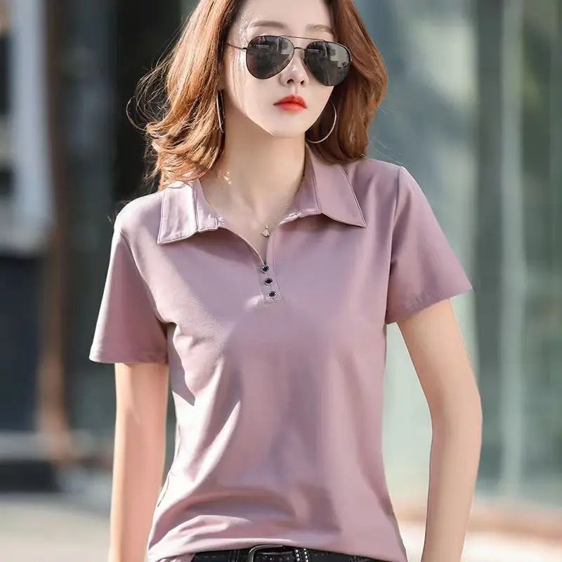 Camiseta Polo Femenina Estilo Coreano de Primavera