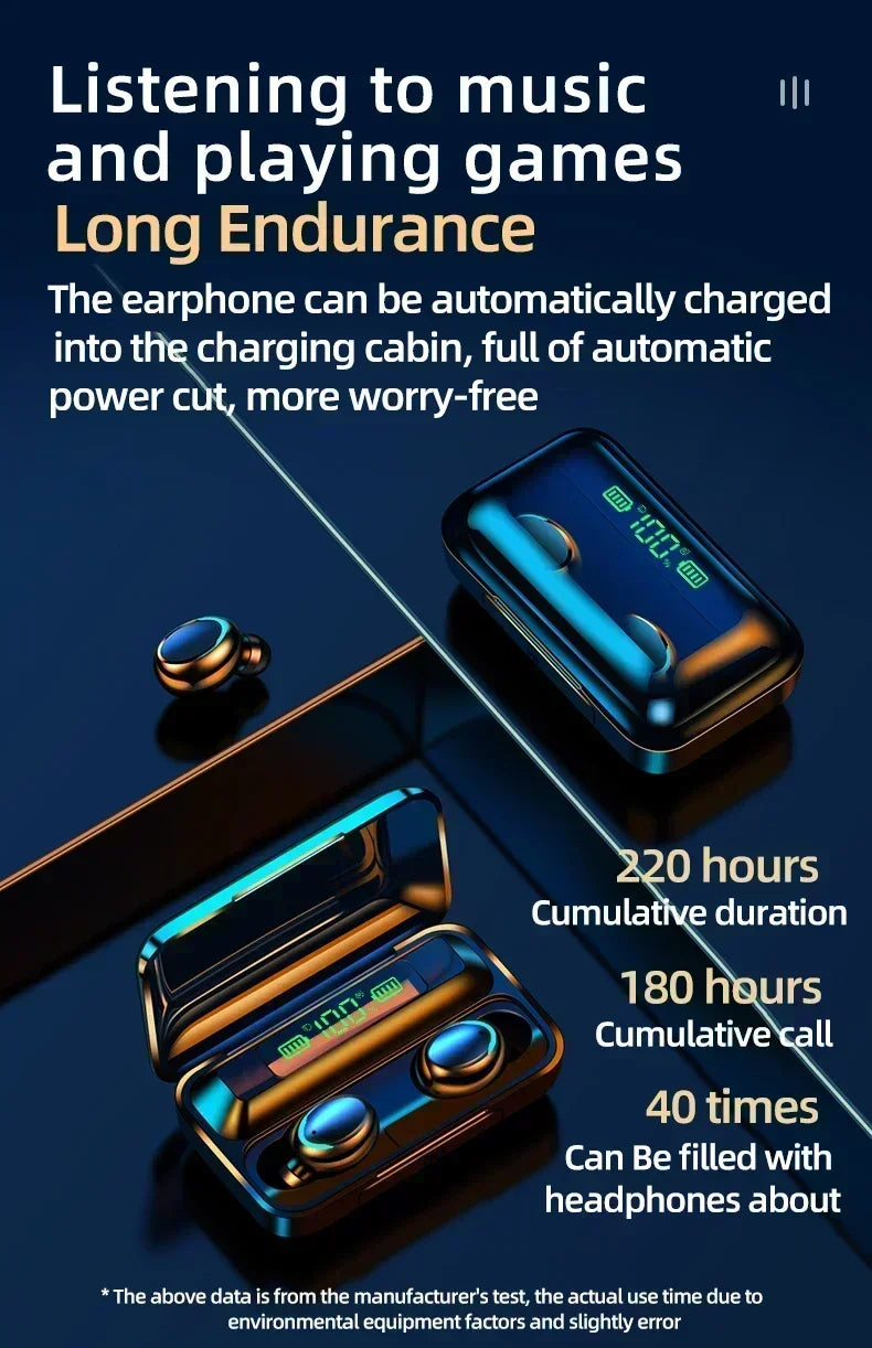Auriculares Bluetooth multifuncionales F9, manos libres, táctiles, resistentes al agua, estéreo 9D, auriculares deportivos para todos los teléfonos inteligentes