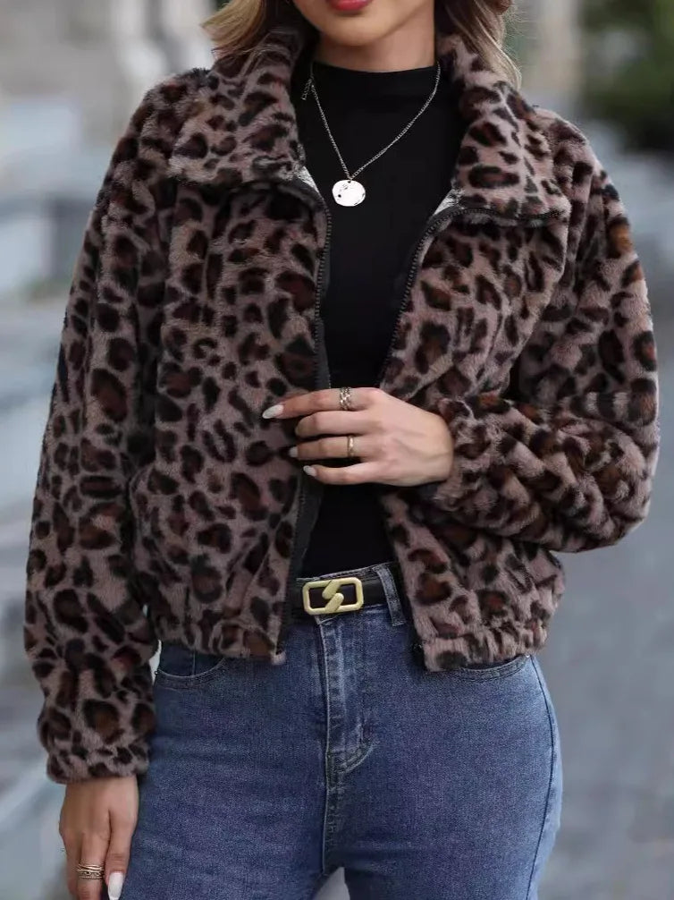 Chaqueta con estampado de leopardo para mujer, abrigo grueso de felpa con capucha, abrigo cálido de manga larga, cárdigan holgado con cremallera suave, cazadora para mujer, otoño e invierno