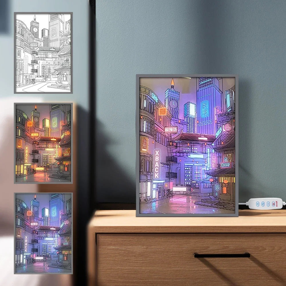 Pintura de luz LED con vista nocturna de ciudad hermosa, imagen HD, bisel estrecho, enchufe USB, atenuación, decoraciones románticas para el hogar, lámpara de noche