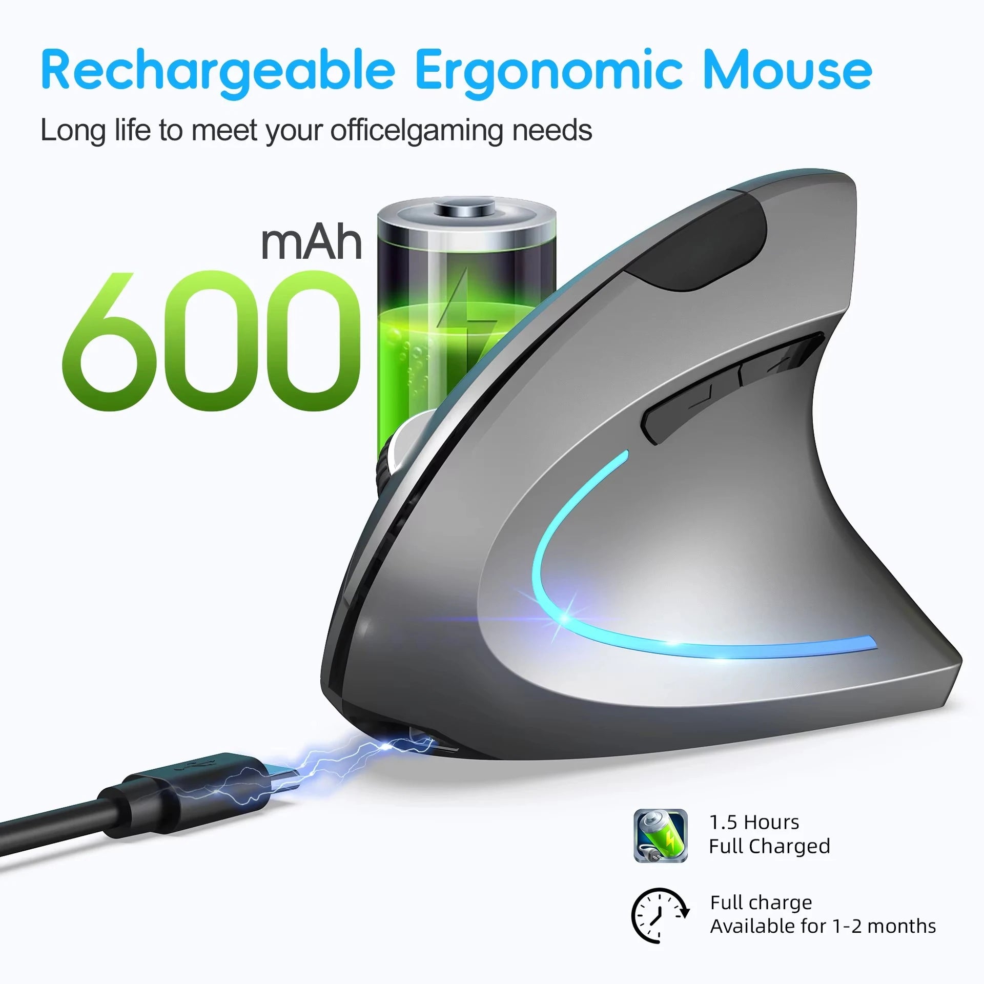 Ratón ergonómico Vertical para juegos, Kit de ratón inalámbrico recargable para jugadores, ratón óptico 2,4G, ordenador, PC, portátil, escritorio, USB