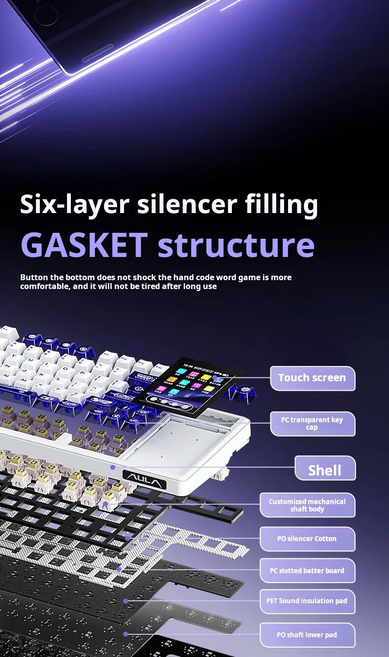 Teclado Mecánico AULA L99 con Pantalla Inteligente, Inalámbrico Bluetooth, Estructura Gasket, Teclado para Juegos con Iluminación RGB y Visión Nocturna