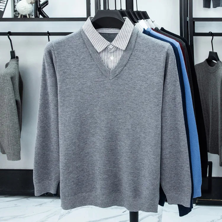 Suéter de punto con cuello de camisa para hombre, azul claro (6 colores), diseño falso de dos capas, estilo informal de negocios    Ajuste elástico y cómodo