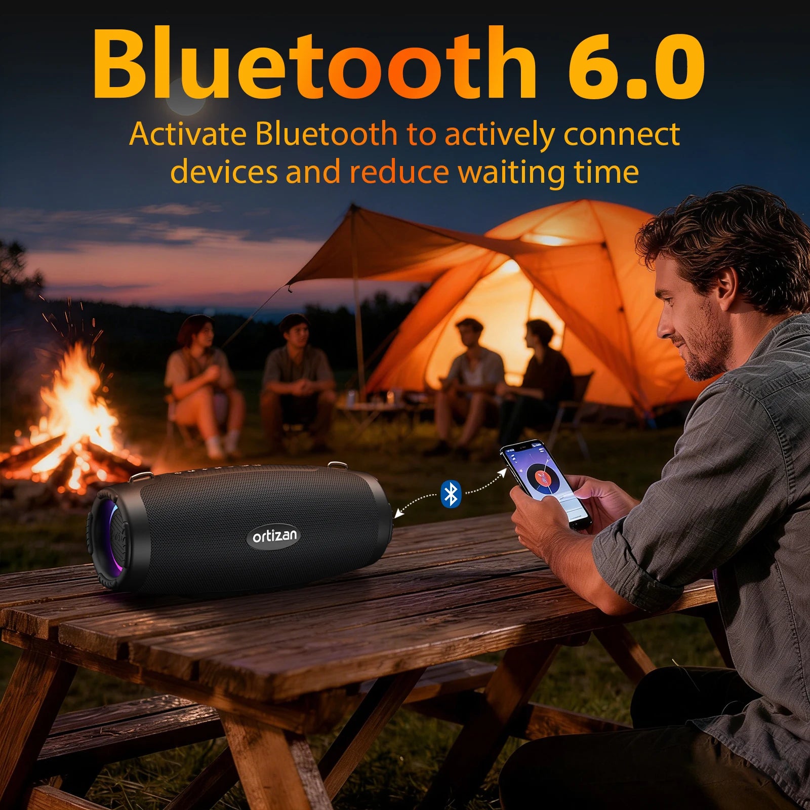 Altavoz Bluetooth Ortizan, Altavoz Portátil con Sonido Estéreo de 60W, Bluetooth 6.0, 20H de Reproducción, Auracast Snyc, Reproducción AUX/USB-Disk