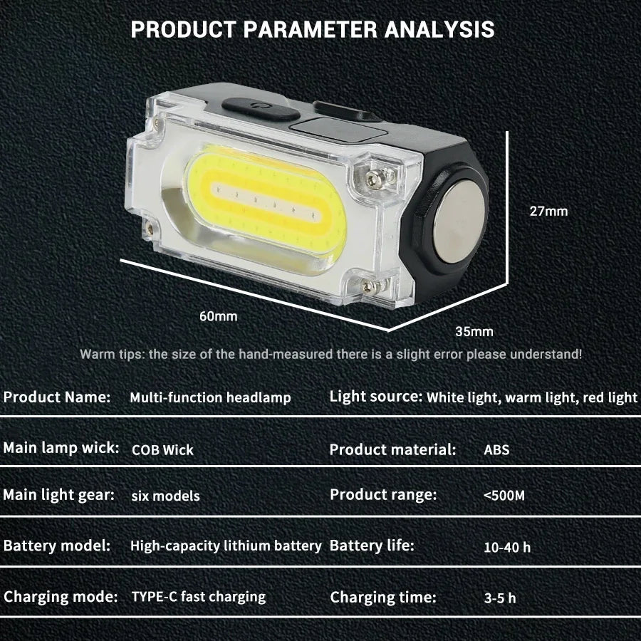 Linterna Frontal LED COB Recargable USB para Camping y Pesca