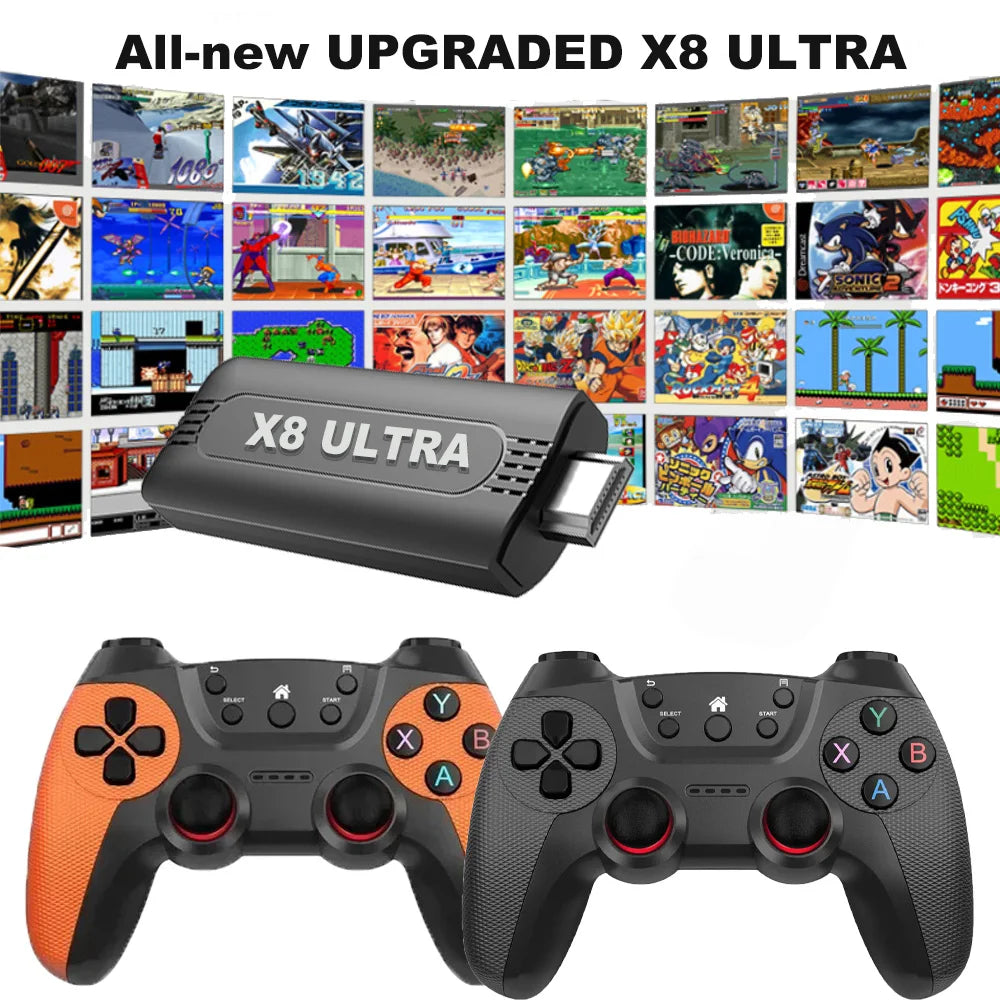 Stick de juego HD 4K X8 ULTRA de uso inmediato sin configuración compleja, dos mandos inalámbricos 2,4G incluidos, 50000 juegos de ocio precargados, salida HDMI para TV, regalo divertido para fiestas y reuniones de