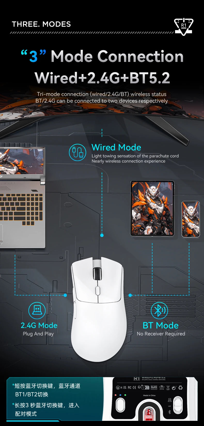Ratón inalámbrico para juegos Attack Shark R1/X11, 18K DPI PAW3311, ergonómico, ligero, triodo Bluetooth 2,4 GHz USB, para PC/portátil
