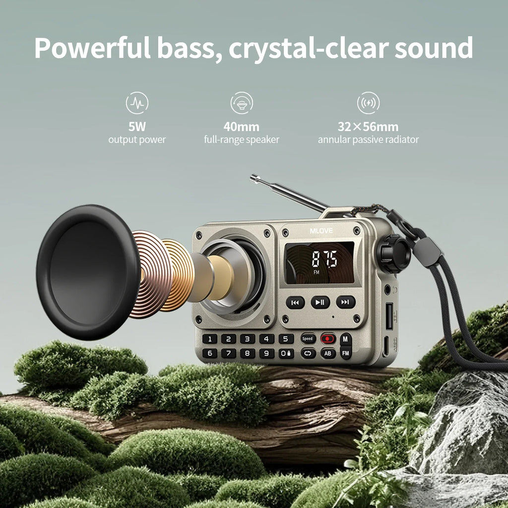MLOVE BV800P Altavoz Bluetooth portátil con radio FM, reproductor de MP3, tarjeta USB/TF, AUX y antena: audio todo en uno para llevar