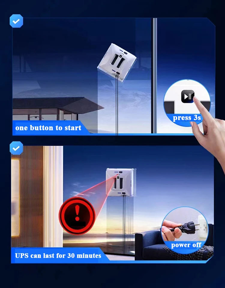 Limpiador de ventanas robótico con doble pulverización de agua, automático, de alta succión, anticaída, para limpieza de ventanas y vidrios exteriores, con control remoto.