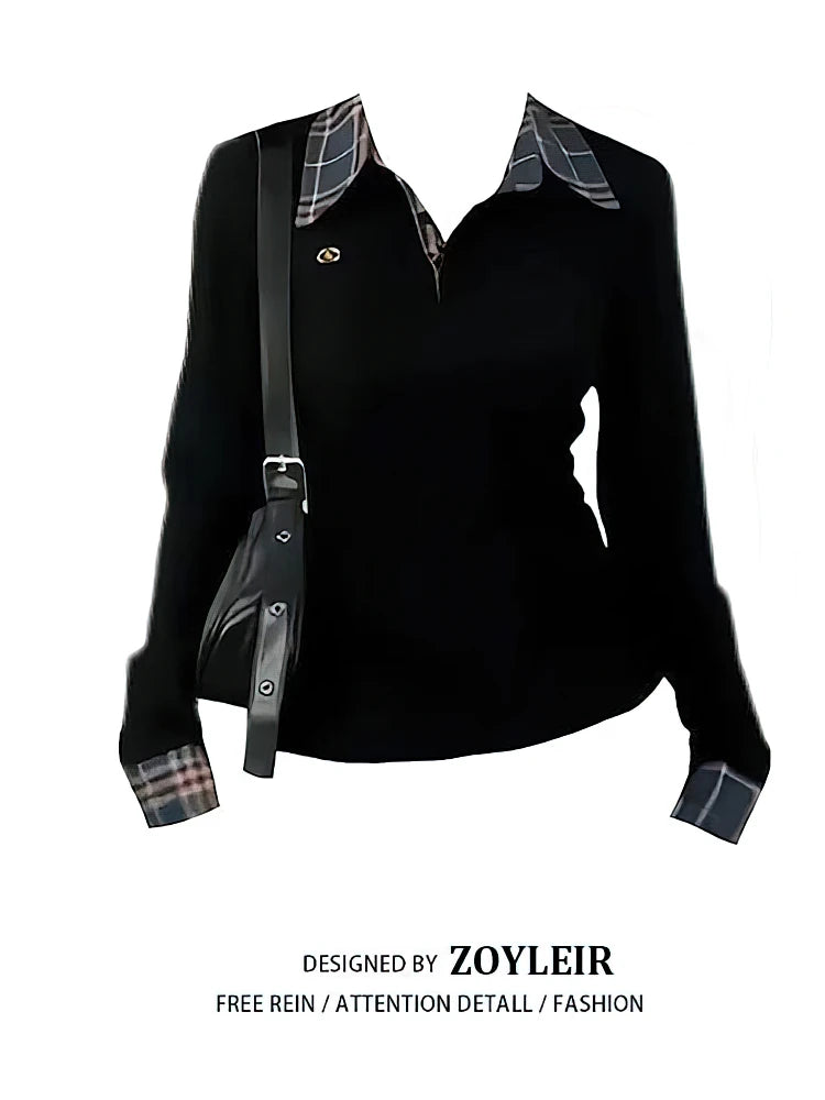 Camiseta de Manga Larga a Cuadros con Cuello Polo
