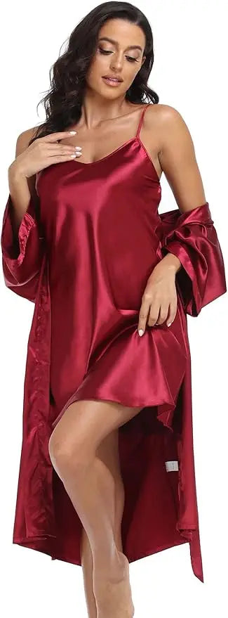 Conjunto de pijamas de seda de lujo para mujer, bata de manga larga, falda holgada cómoda, pijamas para mujer, conjunto de dos piezas
