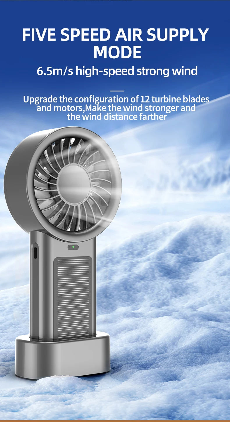 Ventilador solar portátil 5 velocidades, recargable USB para camping