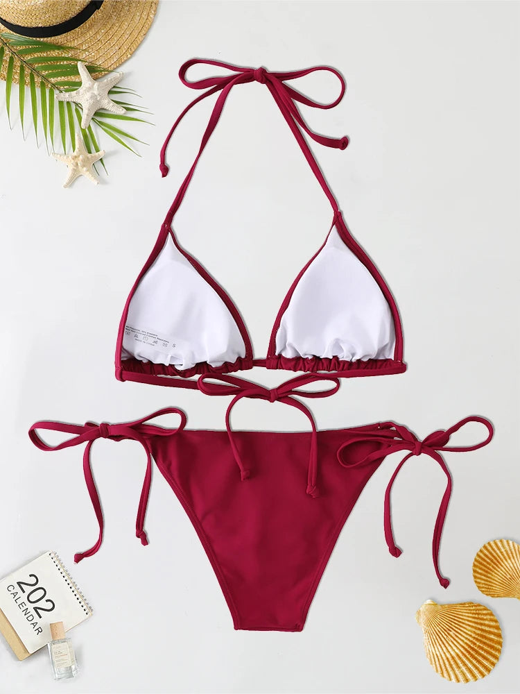 Conjunto de Bikini con Tanga para mujer, bañador Sexy con cordones laterales, traje de baño con lazo en el cuello, ropa interior de Bikini de estilo brasileño ajustable, 2 unids/set
