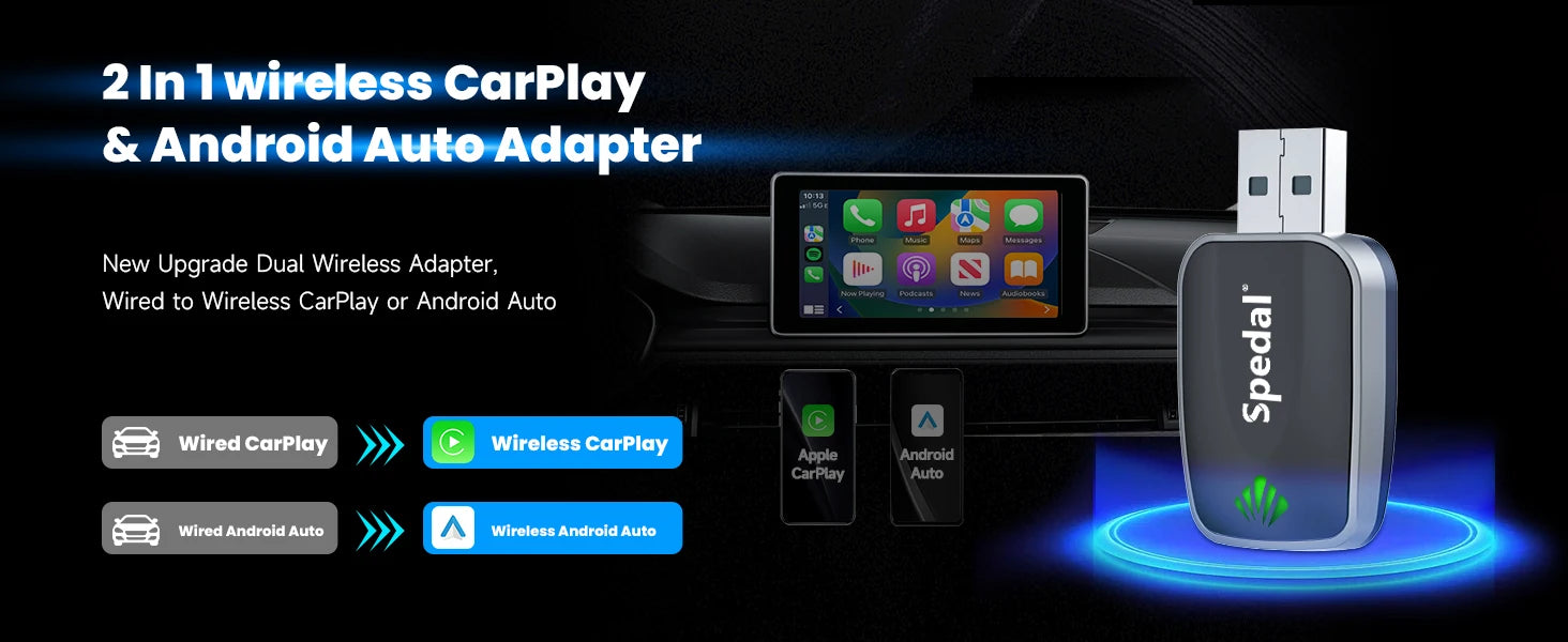 Adaptador Spedal 2 en 1 con cable a inalámbrico CarPlay y adaptador inalámbrico Android Auto Plug & Play