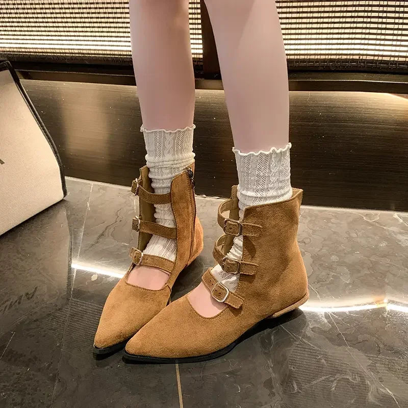Botines de mujer en ante con hebillas y cremallera, estilo retro occidental