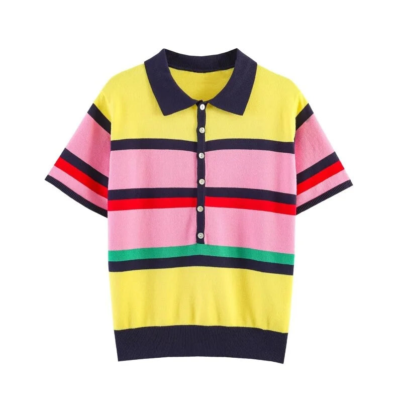 Camiseta Tipo Polo de Punto a Rayas Multicolor
