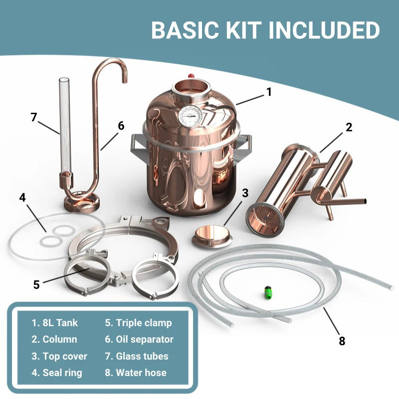 HOOLOO-destilador de cobre de 8L, aceite esencial, hidrosol, destilador Still Home, equipo de cabeza de fuego directo, bricolaje de hierbas, plantas y flores