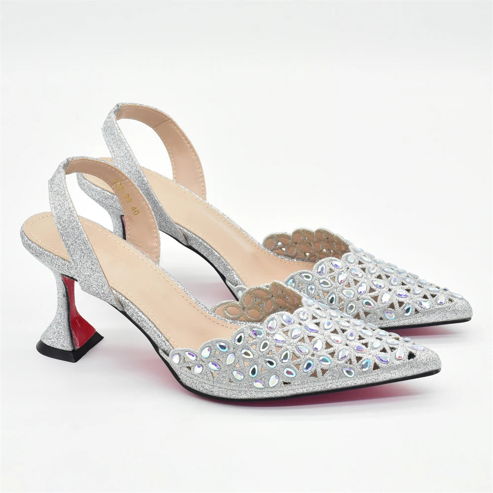 Zapatos y bolso de Color plateado para fiesta, boda, conjunto de zapatos y Bolsa de lujo para mujer, para fiesta de Nigeria, Italia, zapatos de tacón elegantes para mujer