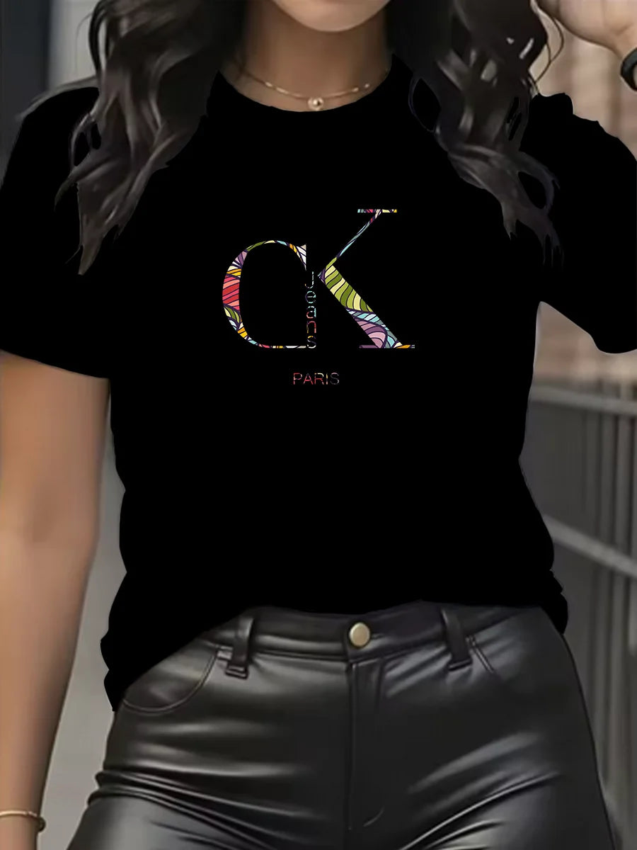 Camiseta con Estampado de Dibujos Animados y Letras Cuello Redondo