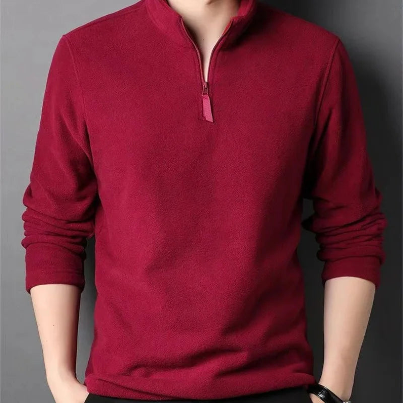 Otoño Invierno nuevas camisas polo cálidas sudadera de lana de cordero para hombres cuello alto media cremallera manga larga moda versátil hombres camisetas Tops