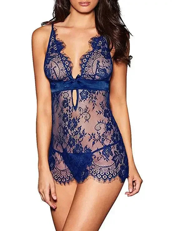 Babydoll de Encaje Transparente con Espalda Descubierta para Mujer