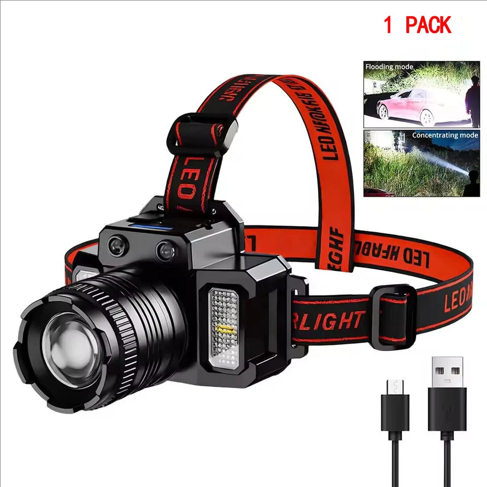 Linterna Frontal LED Recargable USB para Exterior, 5 Modos Impermeable