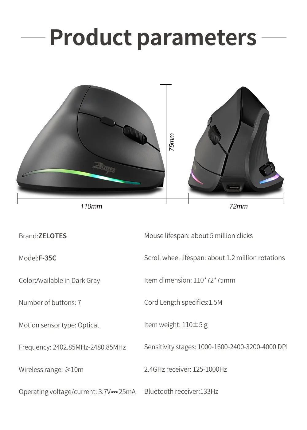 Ratón Inalámbrico Ergonómico Lefon 2.4G, Ratón Vertical Recargable para Juegos, para PC, Portátil, MacOS, Oficina, Modelo F35C/F35B/F35