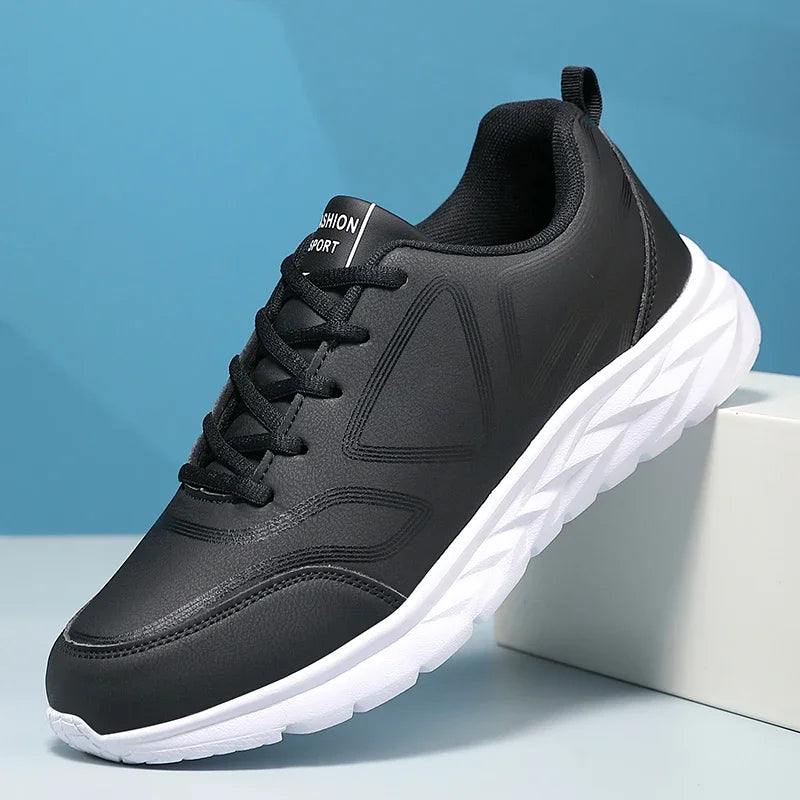 YRZL-Zapatillas deportivas impermeables de cuero para hombre, zapatos deportivos cómodos para caminar, resistentes al desgaste, color negro