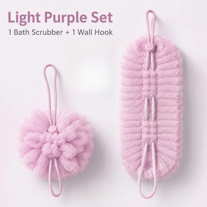 Toalla exfoliante 2 en 1 para baño, cepillo para limpiar la espalda y esponja de ducha con ventosa, gancho de malla suave, portátil y duradero para el baño