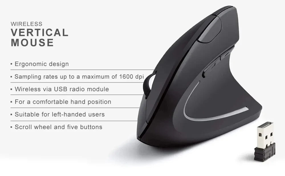 Ratón Vertical Ergonómico Inalámbrico de 2.4GHz HOMEFISH, Ratón Óptico con 3 DPI Ajustables 800/1200/1600 y 6 Botones para Computadora Portátil y PC