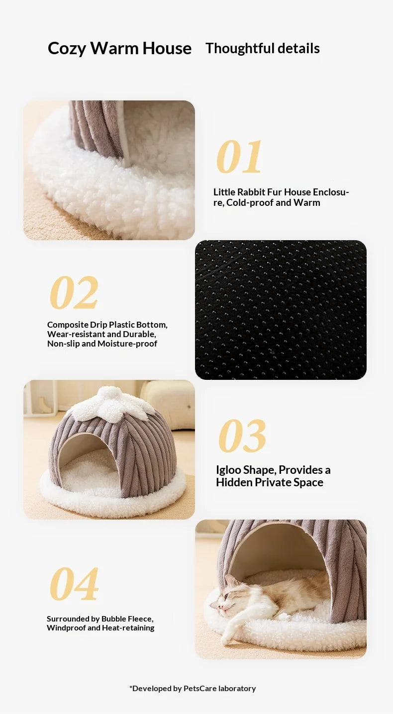Cama para Gatos de Felpa Semicerrada con Capucha - Cálida y Lavable